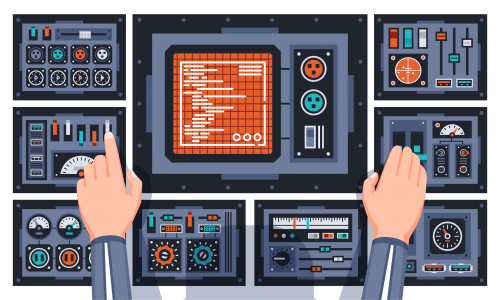 Illustration of two hands working on various control panels